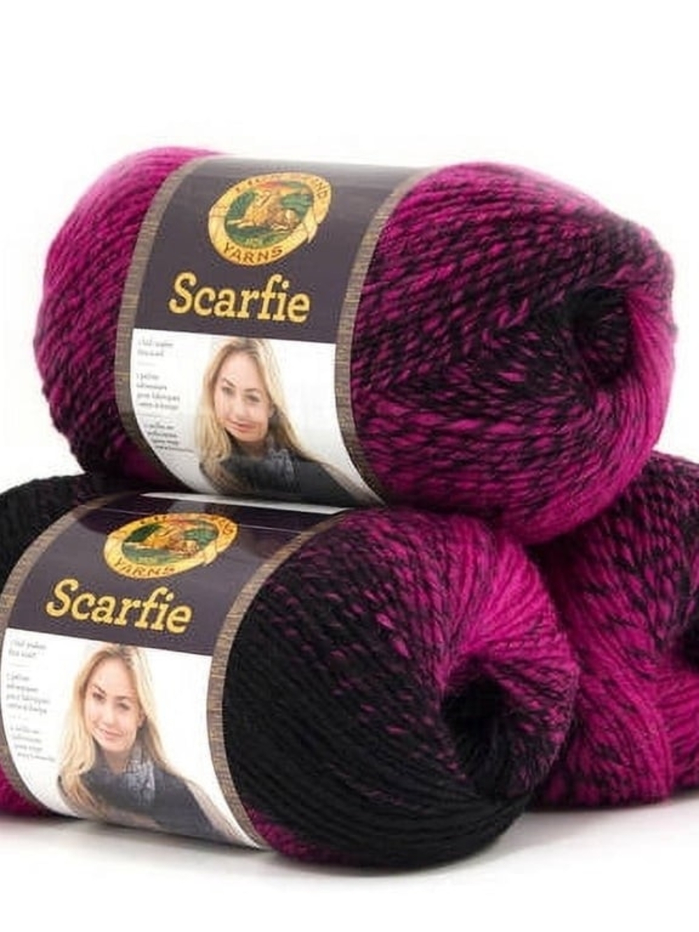 Lion Brand Scarfie Yarn Black Hot Pink Bulky Wool Blend Lot of 3 Skeins